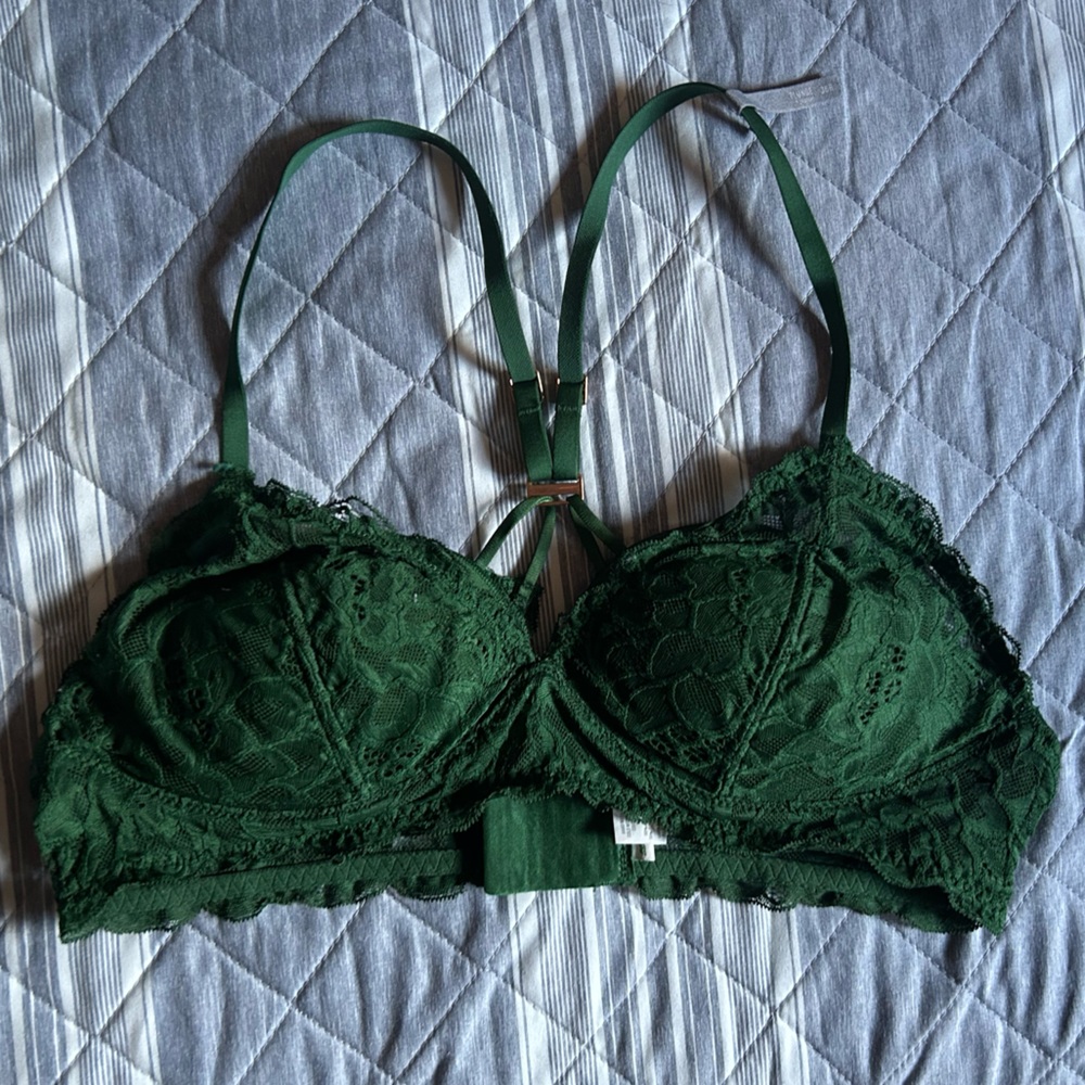 Aerie Emerald Green Racerback Real Power Lace Plunge Push Up Bra
